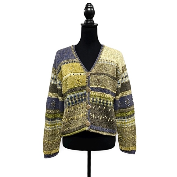 Sigrid Olsen Vintage 90s Hand Knit Cardigan Size L Button Front Beaded Sweater - Picture 2 of 12